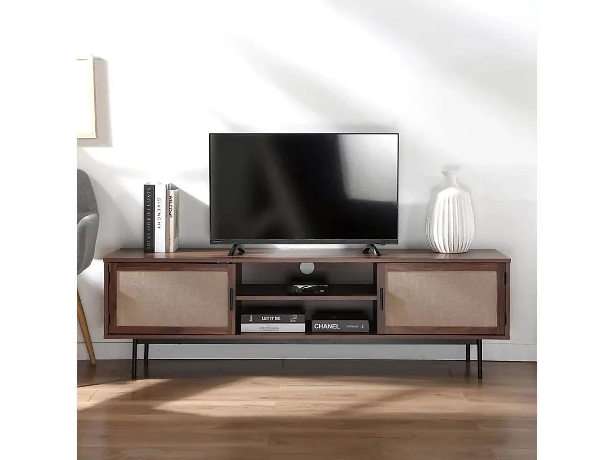 Meuble TV décor noyer avec façades en tissu  L140 cm JETSON