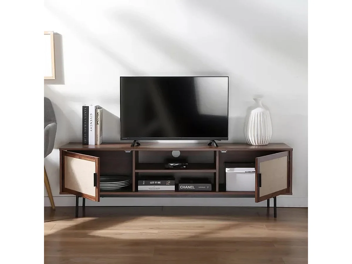 Meuble TV décor noyer avec façades en tissu  L140 cm JETSON