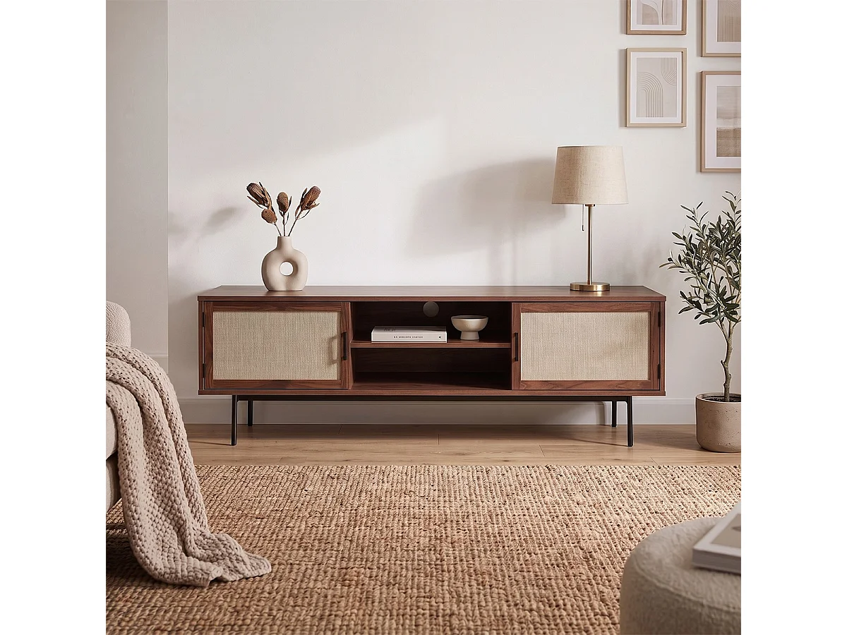 Meuble TV décor noyer avec façades en tissu  L140 cm JETSON