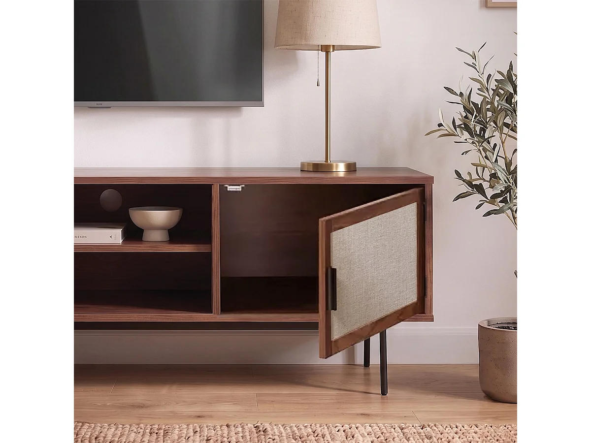 Meuble TV décor noyer avec façades en tissu  L140 cm JETSON