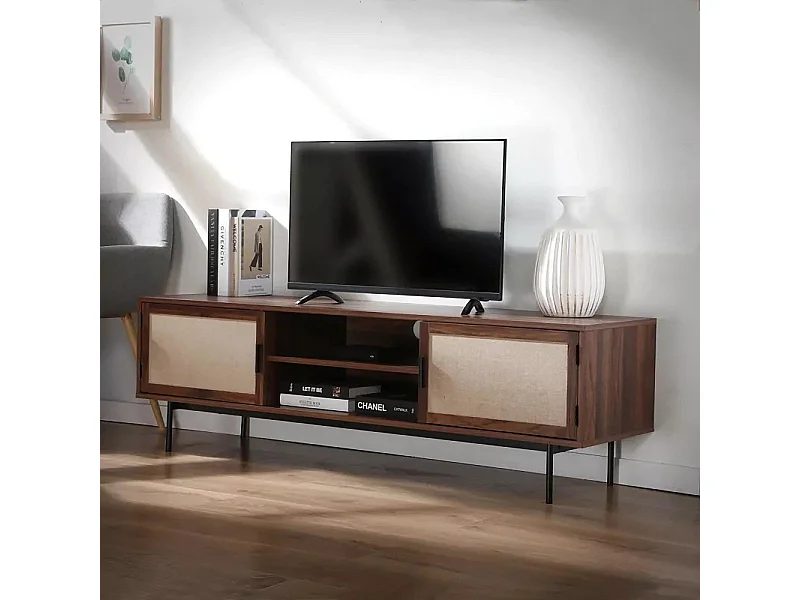 TV-meubel in walnootdecor met fronten van echt stof L140 cm - JETSON