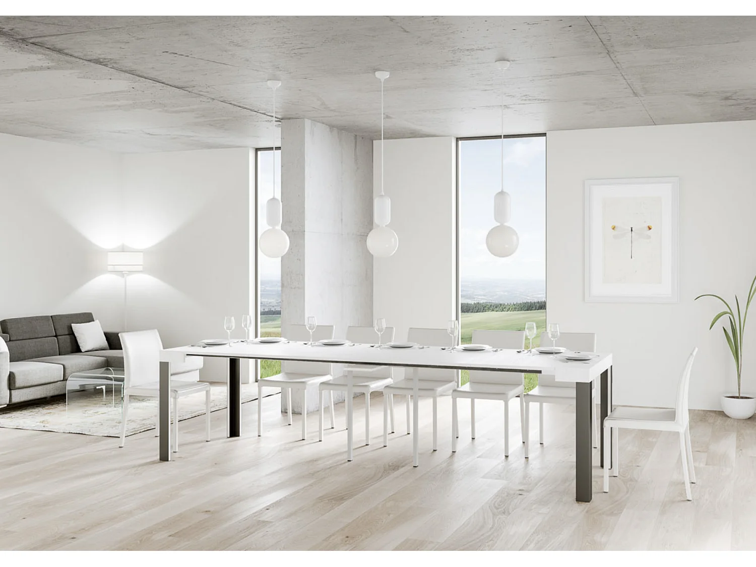 Console extensible bois avec 4 pieds bois et acier anthracite Liva-Couleur Blanc-Support 4 pieds-5 rallonges