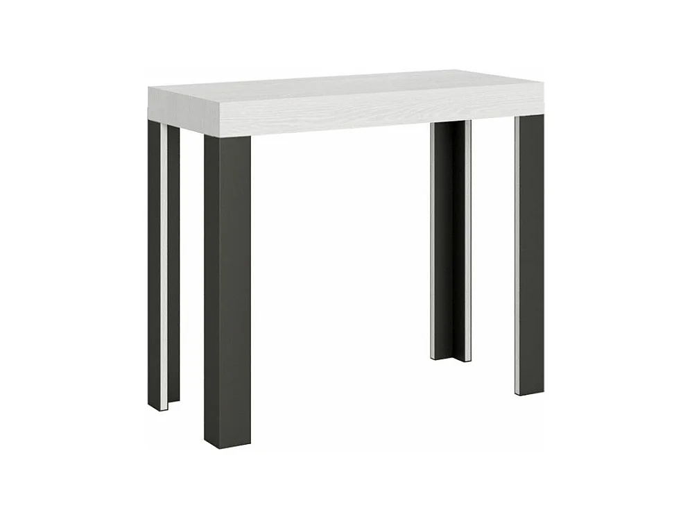 Console extensible bois avec 4 pieds bois et acier anthracite Liva-Couleur Blanc-Support 4 pieds-5 rallonges
