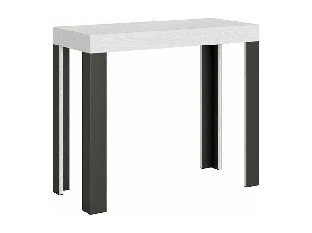 Console extensible bois avec 4 pieds bois et acier anthracite Liva-Couleur Blanc-Support 4 pieds-5 rallonges