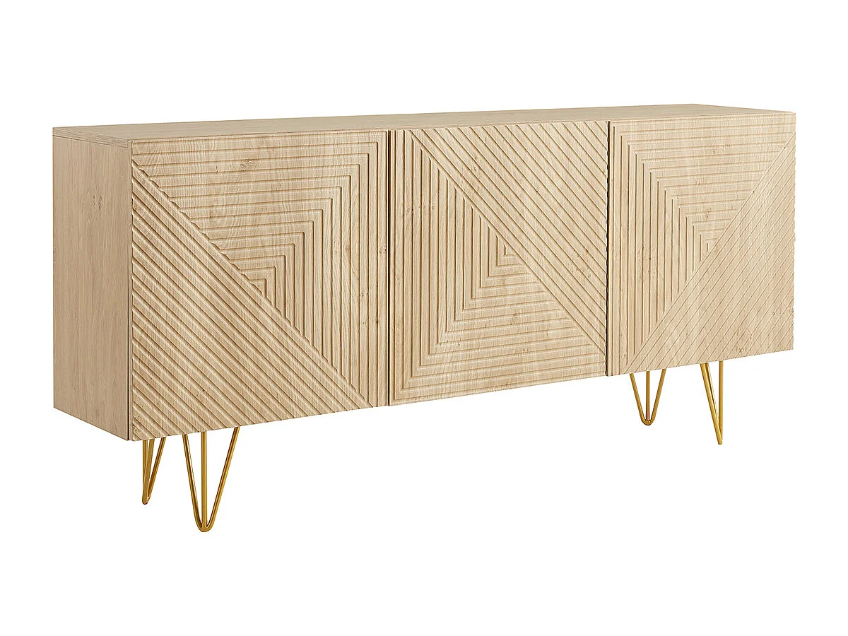 Design-Sideboard aus hellem Eichenholz-Finish und goldfarbenem Metall mit 3 Türen B160 cm OZEN
