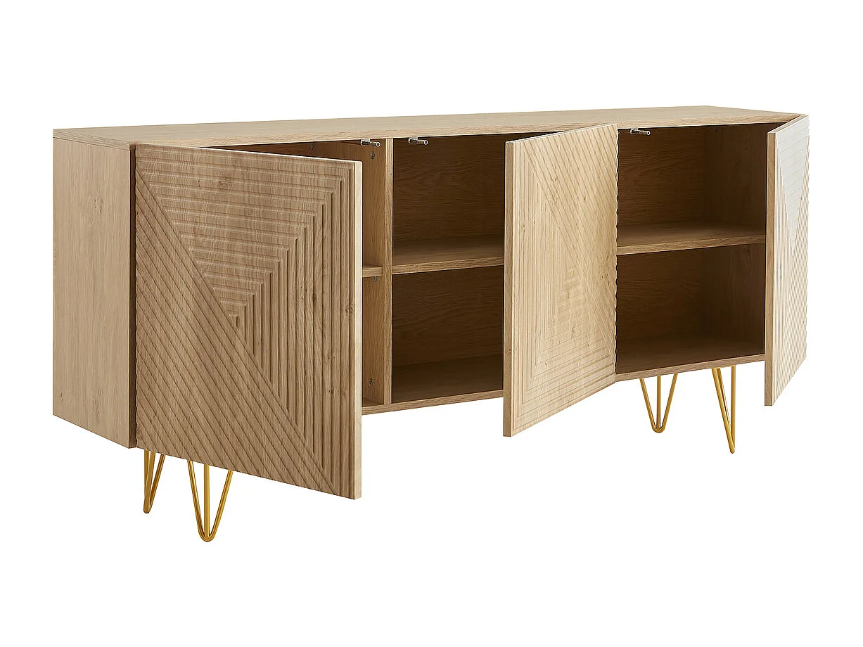 Design-Sideboard aus hellem Eichenholz-Finish und goldfarbenem Metall mit 3 Türen B160 cm OZEN