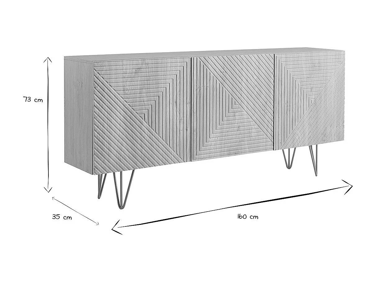 Credenza design con incisioni legno chiaro rovere e metallo dorato 3 ante L160 cm OZEN