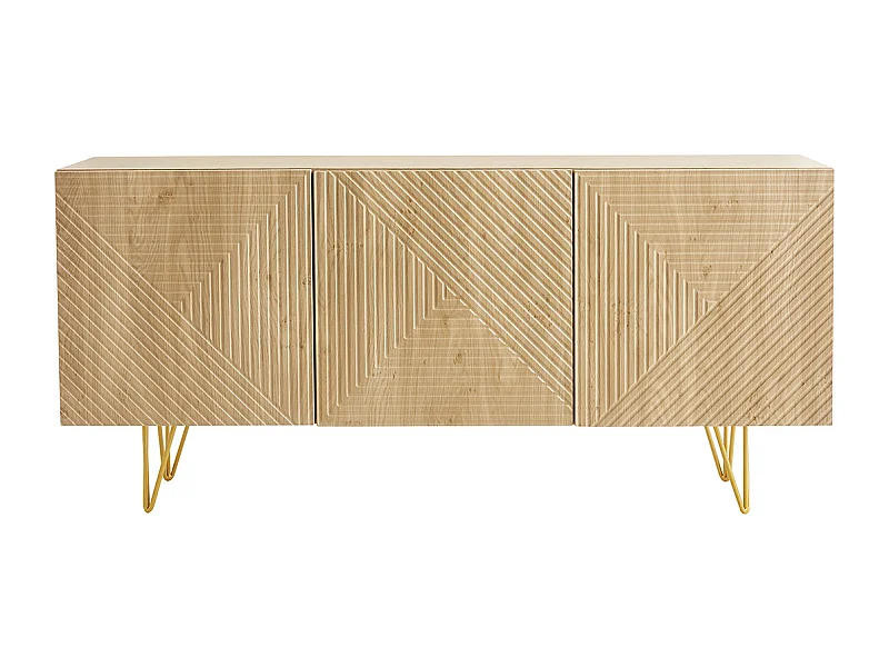Buffet design gravé finition bois clair chêne et métal doré 3 portes L160 cm OZEN