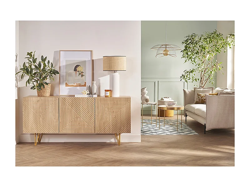 Credenza design con incisioni legno chiaro rovere e metallo dorato 3 ante L160 cm OZEN