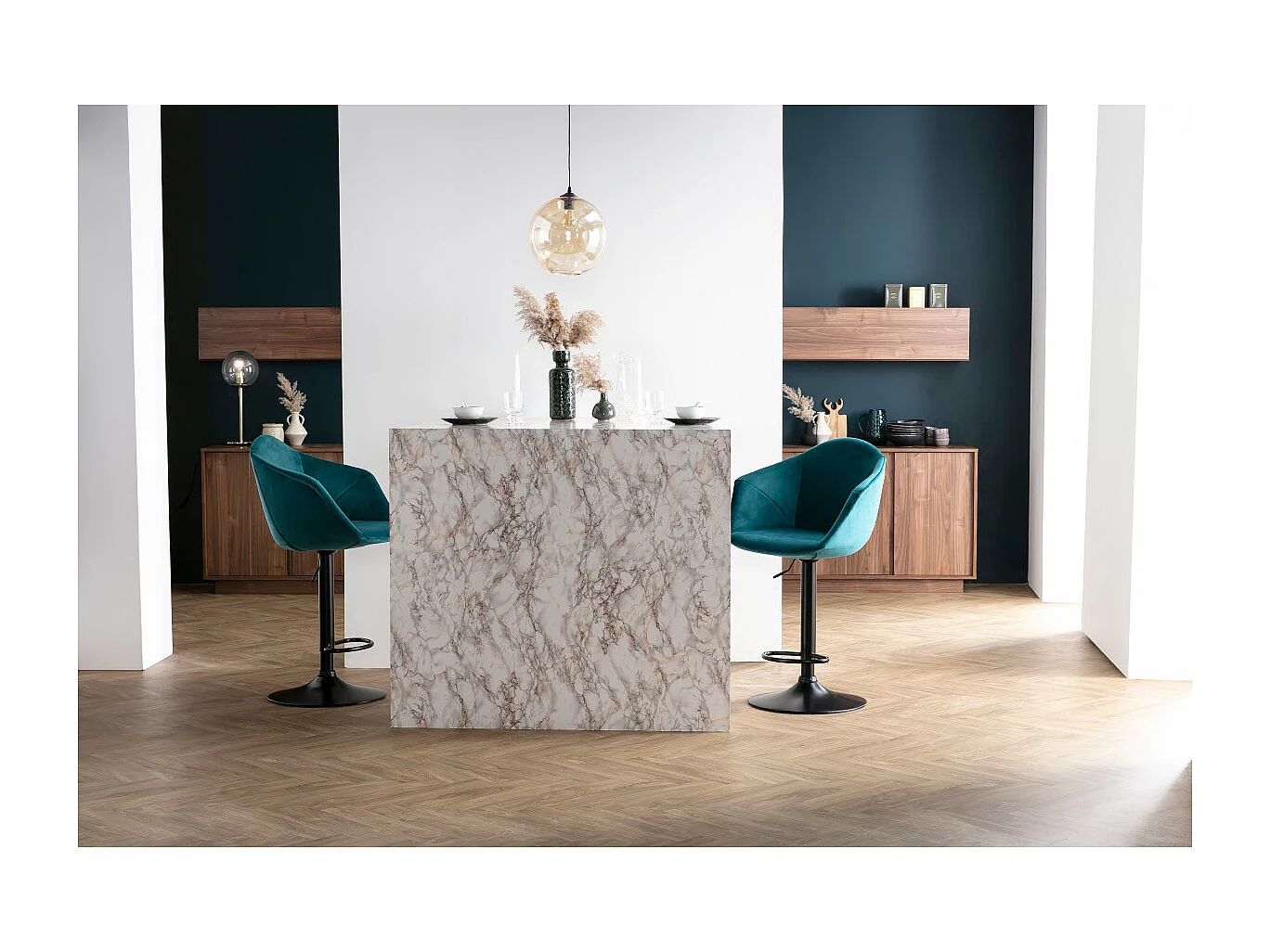 Tabourets de bar réglables pivotants 360° en velours bleu pétrole et métal  (lot de 2) TAYA