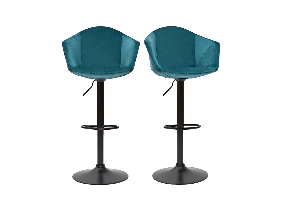 Set de 2 taburetes de cocina ajustables 360º de terciopelo azul petróleo y metal TAYA