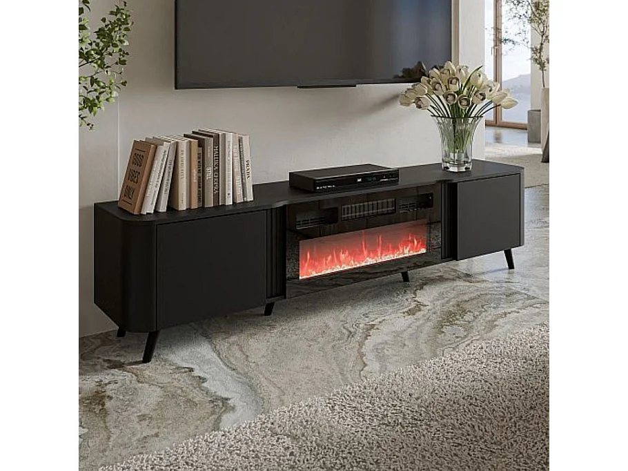 Mueble de TV negro de 200 cm con chimenea eléctrica Lucky