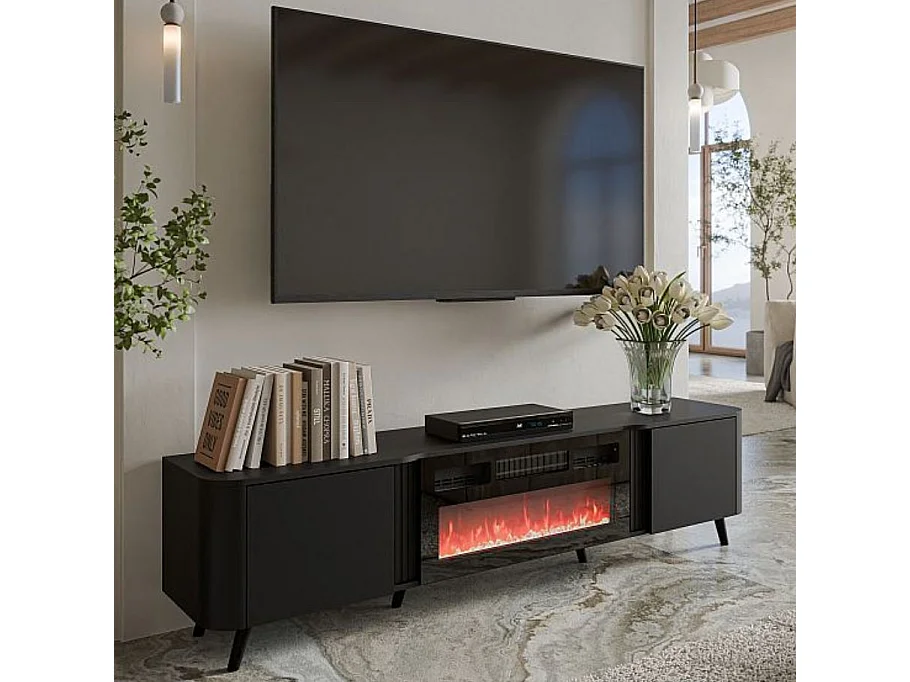 Mueble de TV negro de 200 cm con chimenea eléctrica Lucky