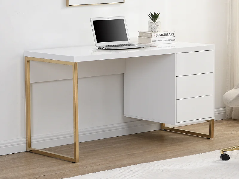 Secretária com 3 gavetas, MDF lacado e metal, branco e dourado - TIMFIA