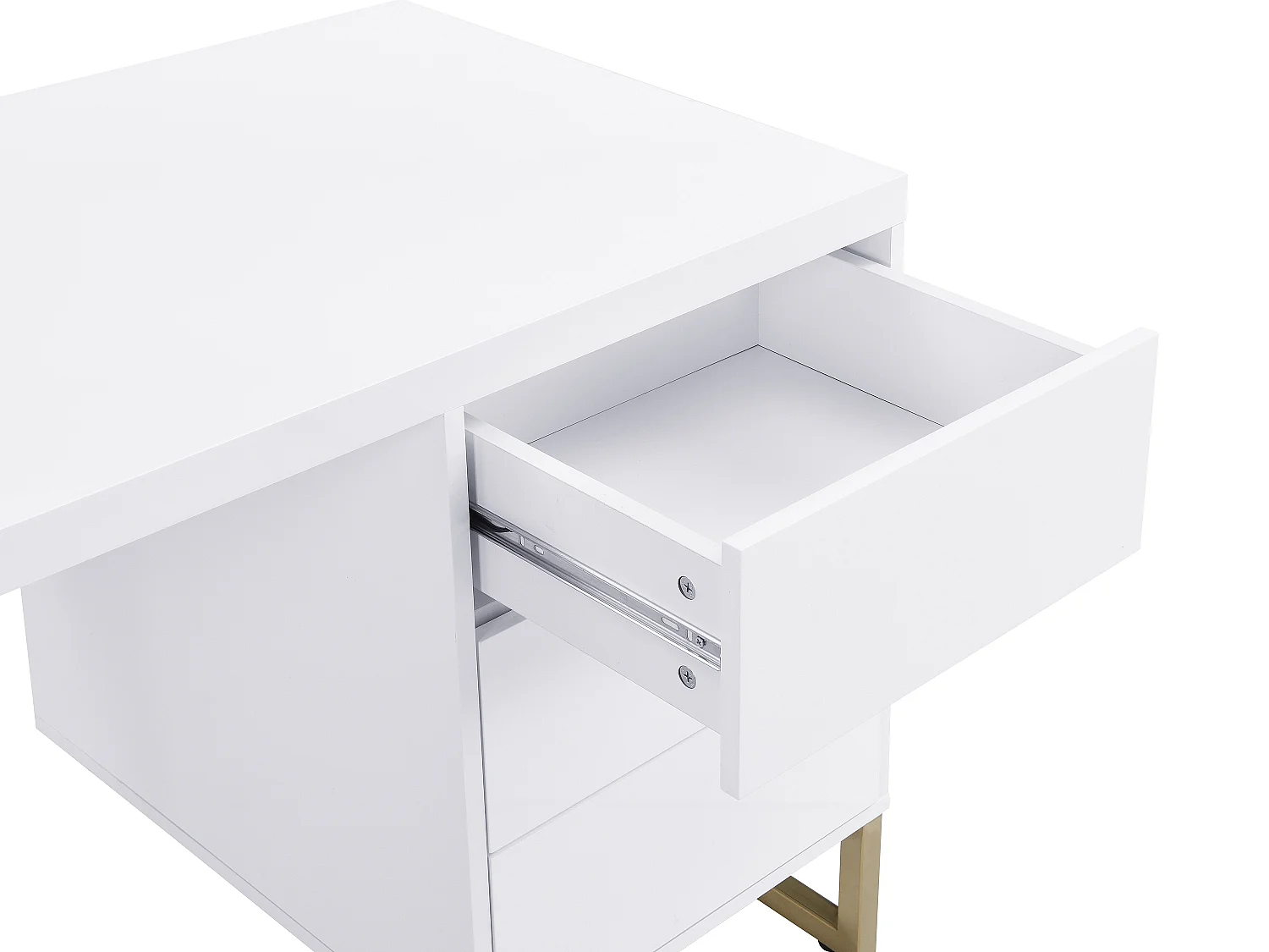 Secretária com 3 gavetas, MDF lacado e metal, branco e dourado - TIMFIA