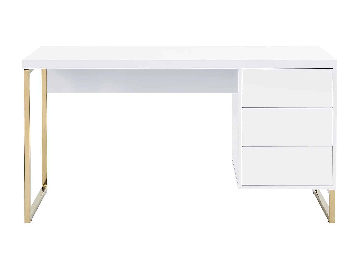 Secretária com 3 gavetas, MDF lacado e metal, branco e dourado - TIMFIA