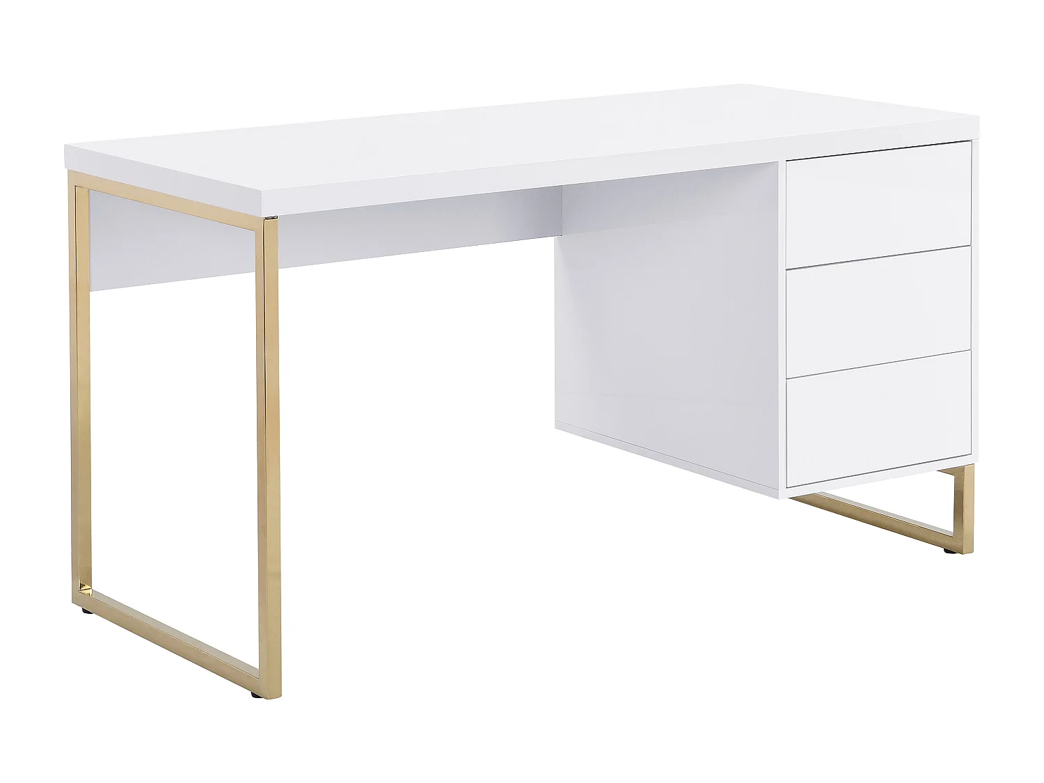 Secretária com 3 gavetas, MDF lacado e metal, branco e dourado - TIMFIA