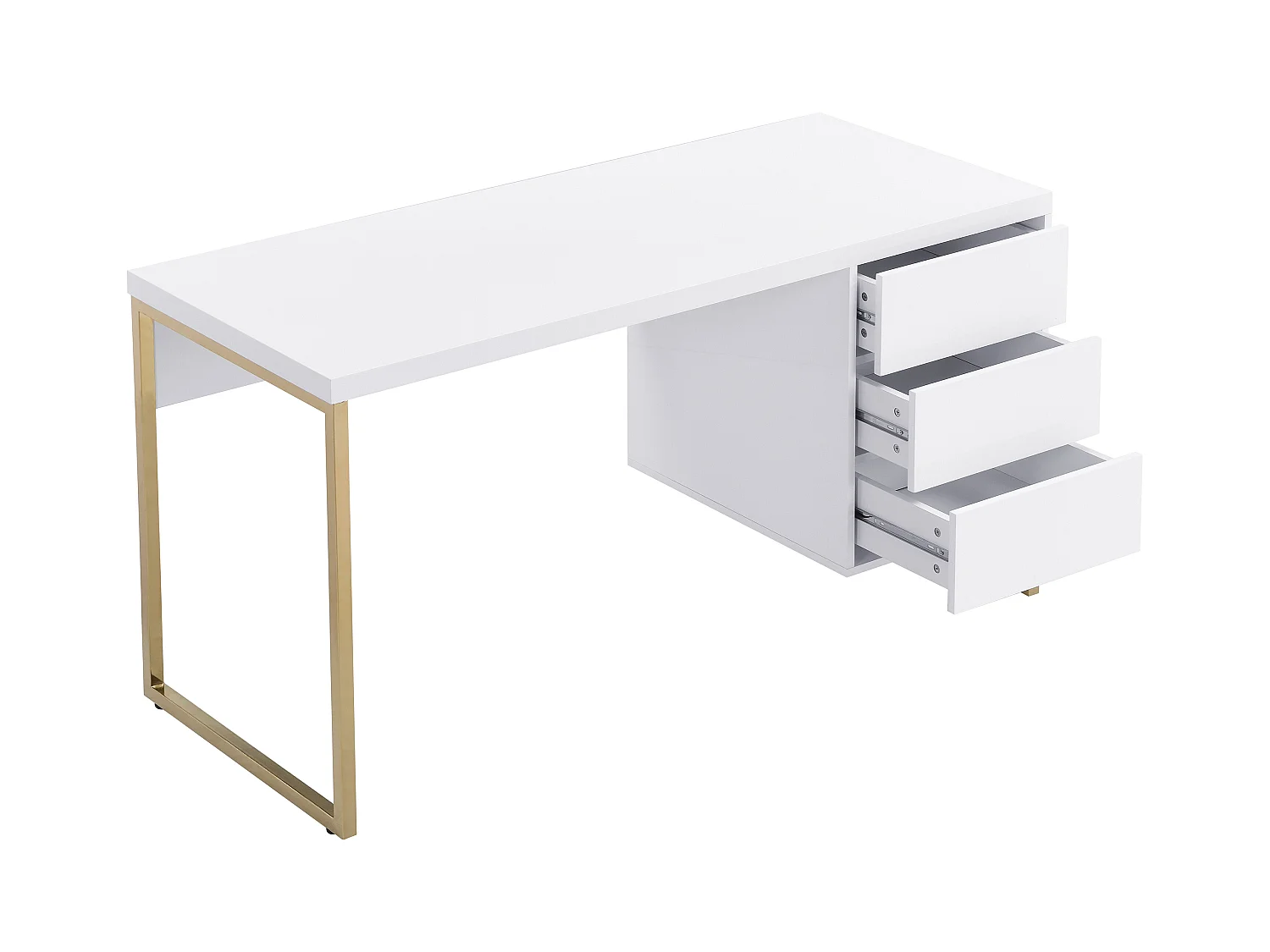 Secretária com 3 gavetas, MDF lacado e metal, branco e dourado - TIMFIA