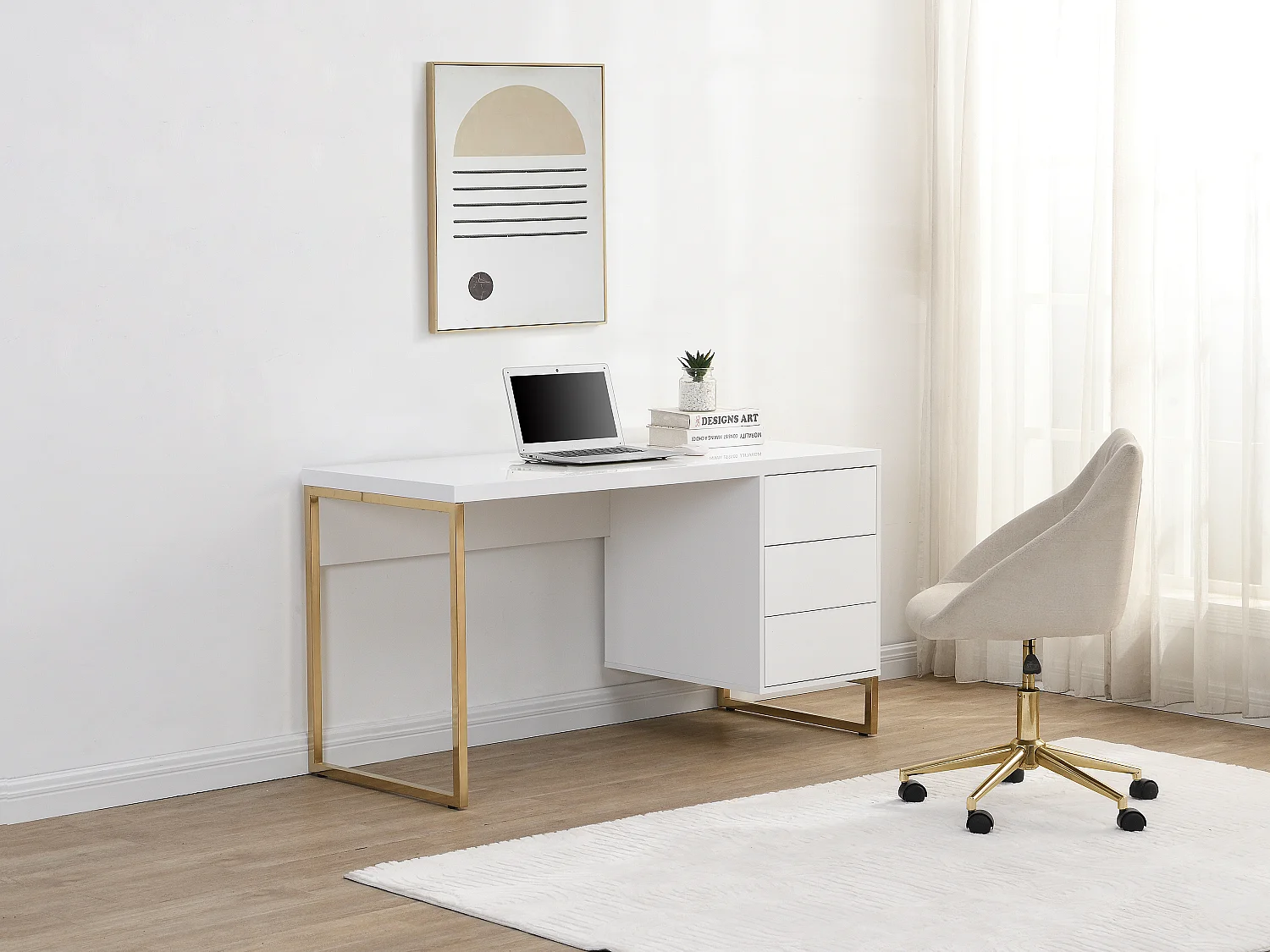 Secretária com 3 gavetas, MDF lacado e metal, branco e dourado - TIMFIA