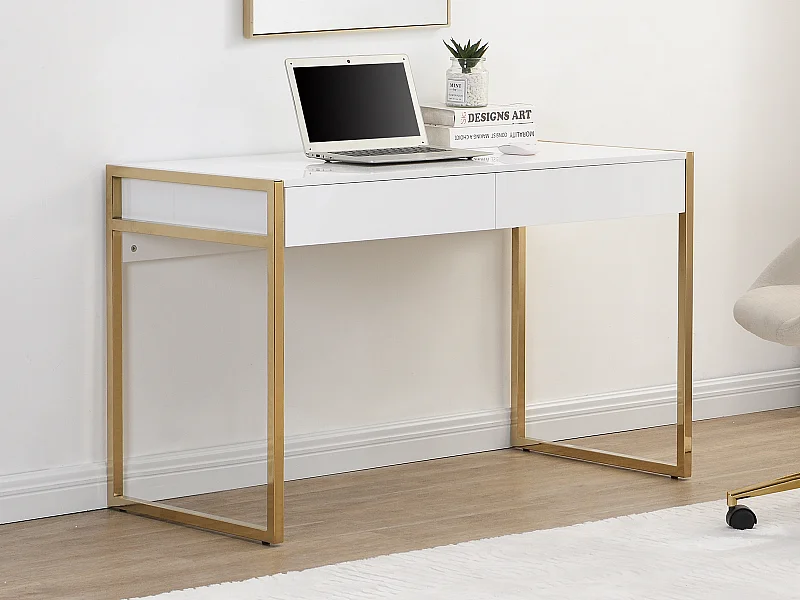 Bureau avec 2 tiroirs - MDF laqué et métal - Blanc et doré - MASON II de Pascal Morabito