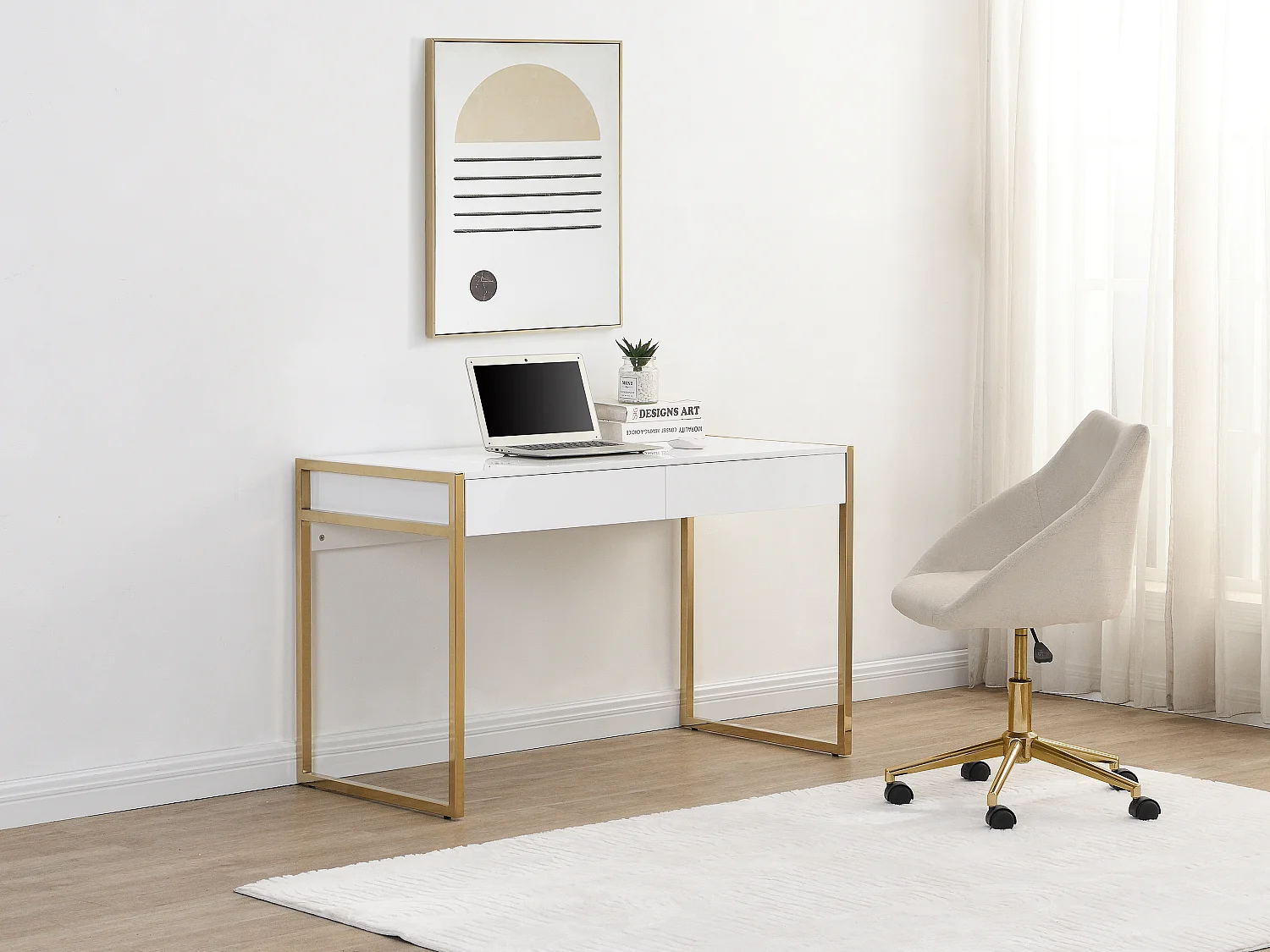 Bureau avec 2 tiroirs - MDF laqué et métal - Blanc et doré - MASON II de Pascal Morabito