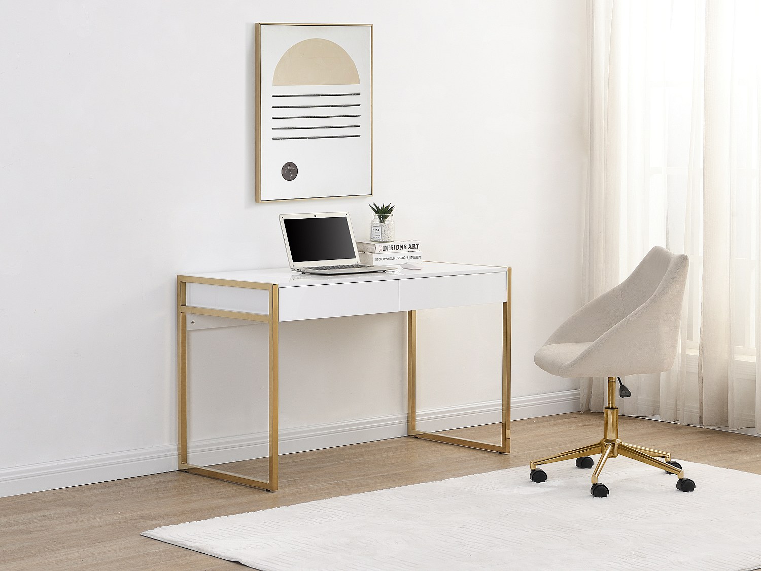 Schreibtisch mit 2 Schubladen - MDF & Metall - Goldfarben & Weiß - MASON vo günstig online kaufen