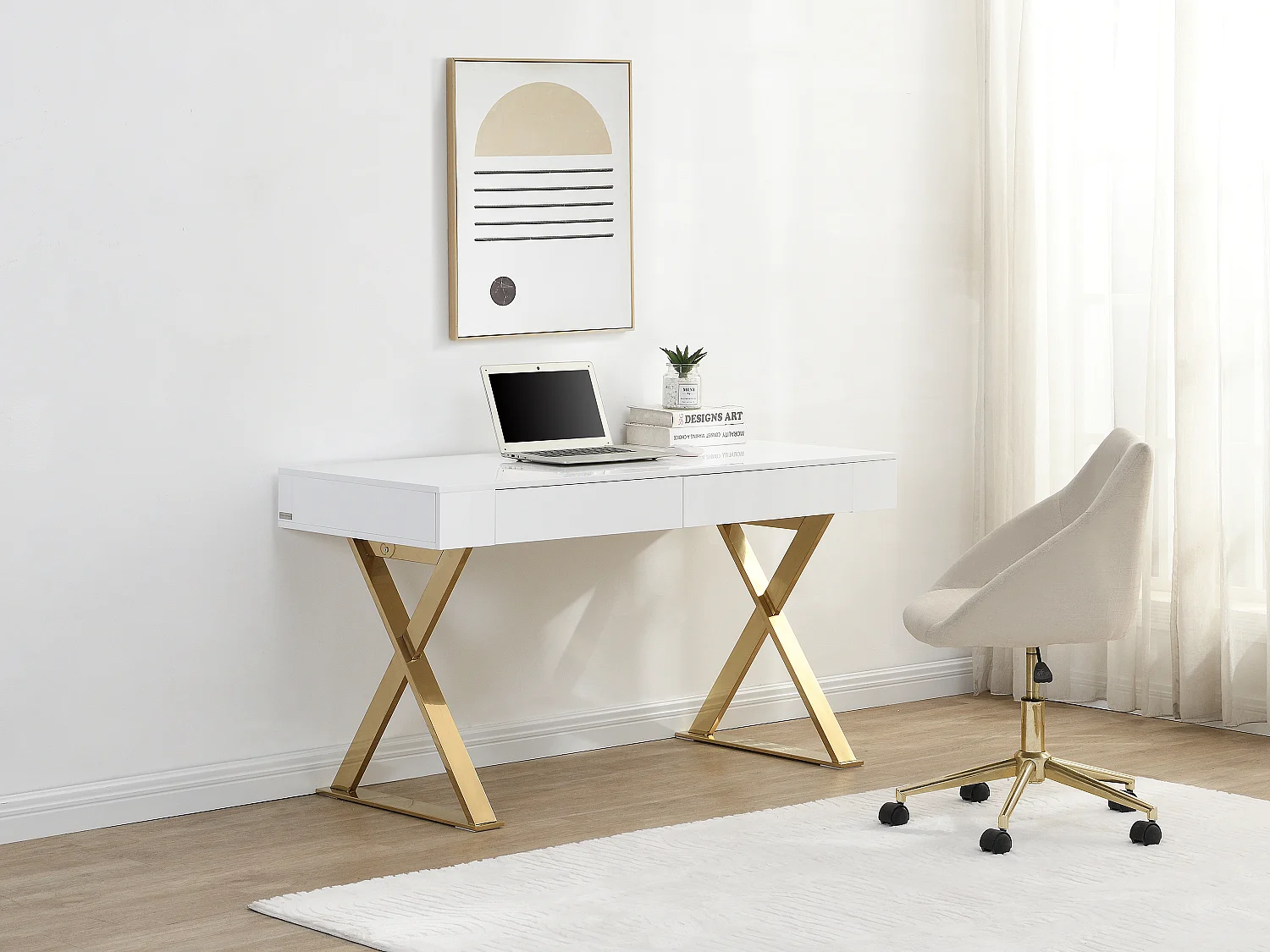 Bureau avec 2 tiroirs - MDF laqué et métal - Blanc et doré - PLEISA II de Pascal Morabito