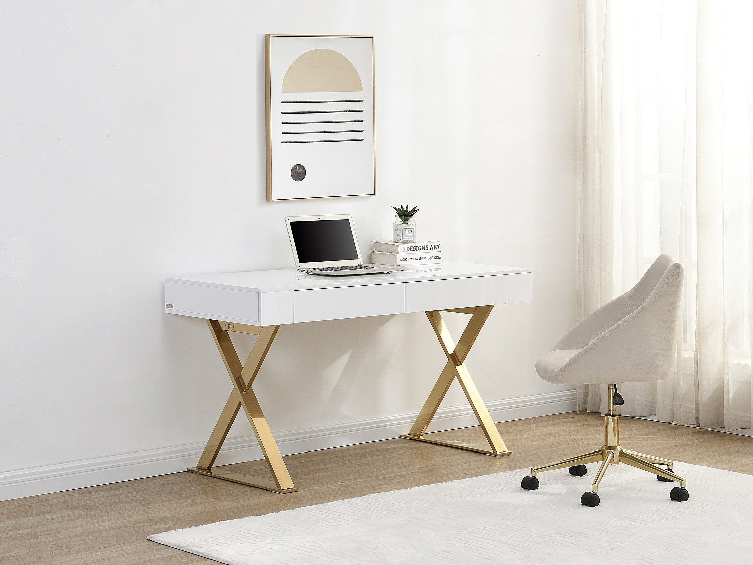Schreibtisch mit 2 Schubladen - MDF lackiert & Metall - Weiß & Goldfarben - günstig online kaufen