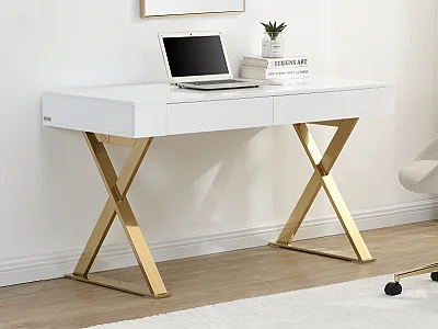 Schreibtisch mit 2 Schubladen - MDF lackiert & Metall - Weiß & Goldfarben - PLEISA
