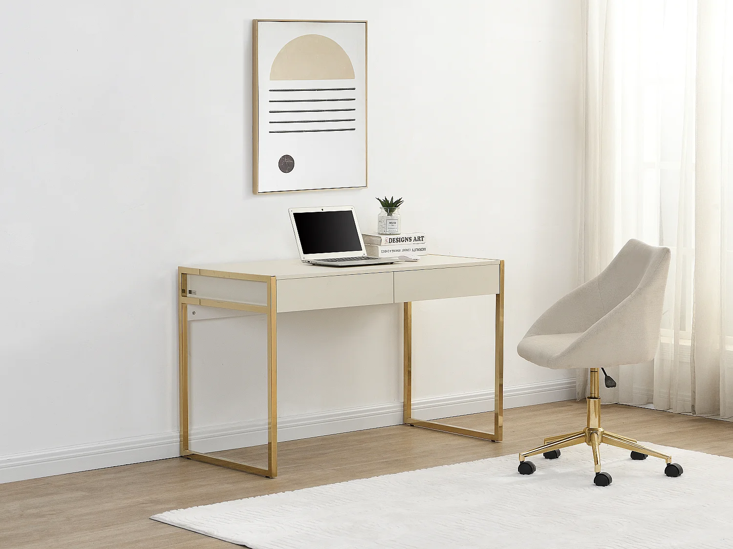 Bureau avec 2 tiroirs - MDF et métal - Beige et doré - MASON de Pascal Morabito