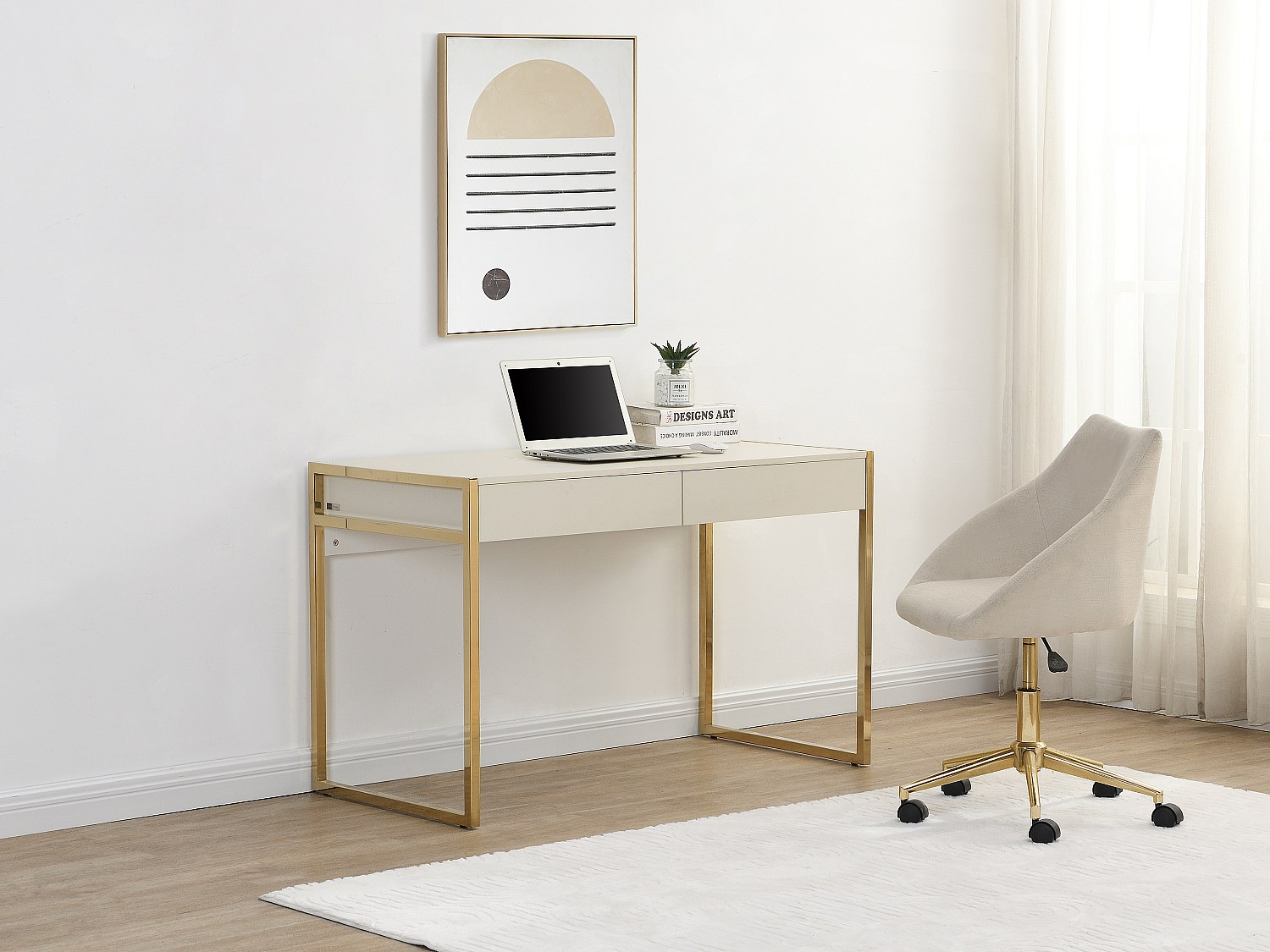 Schreibtisch mit 2 Schubladen - MDF & Metall - Beige & Goldfarben - MASON v günstig online kaufen