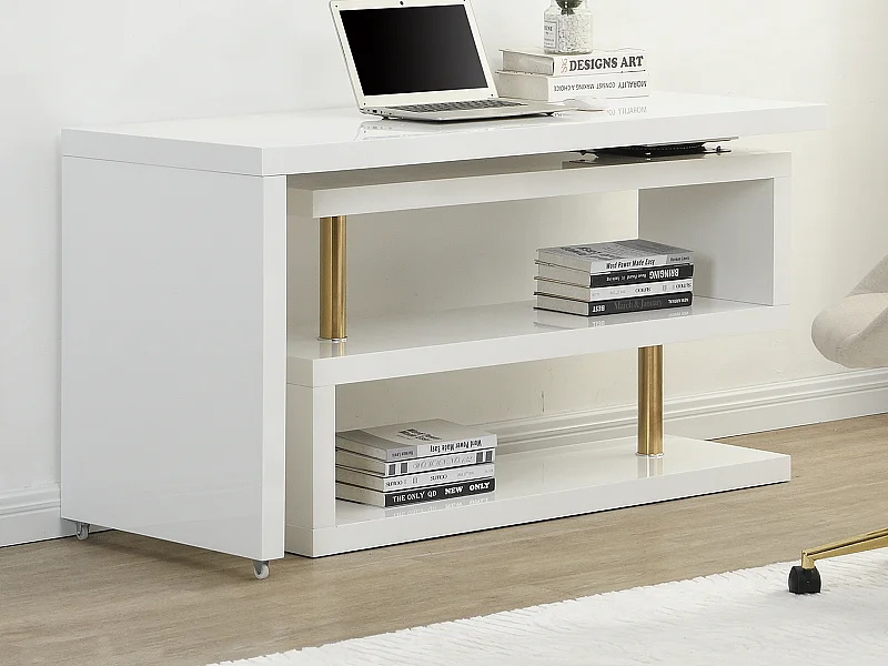 Secretária extensível com tampo giratório 360º, MDF lacado, branco e dourado - NICEPHORE II