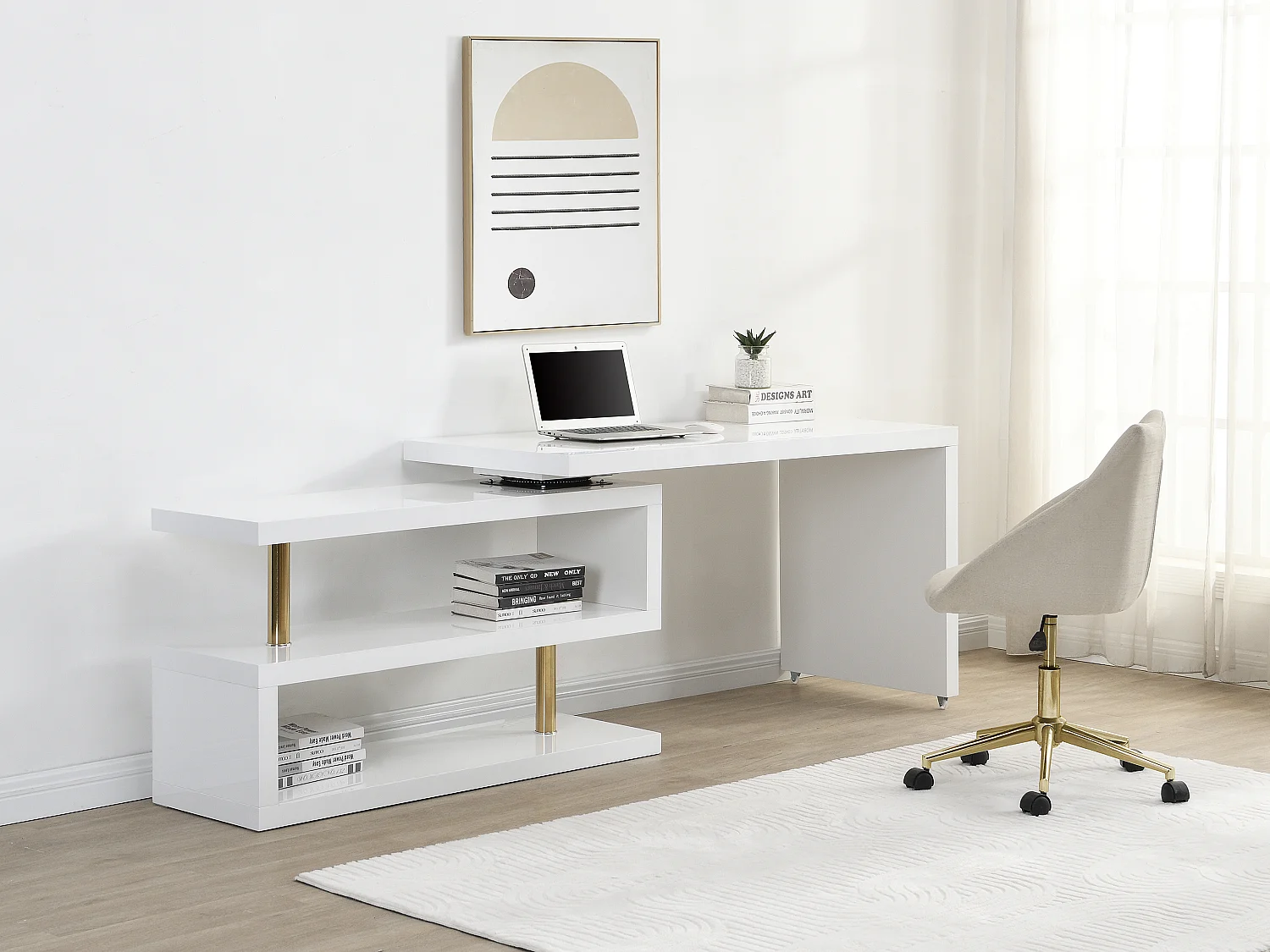 Bureau extensible avec plateau pivotant 360°- MDF laqué - Blanc et doré - NICEPHORE II