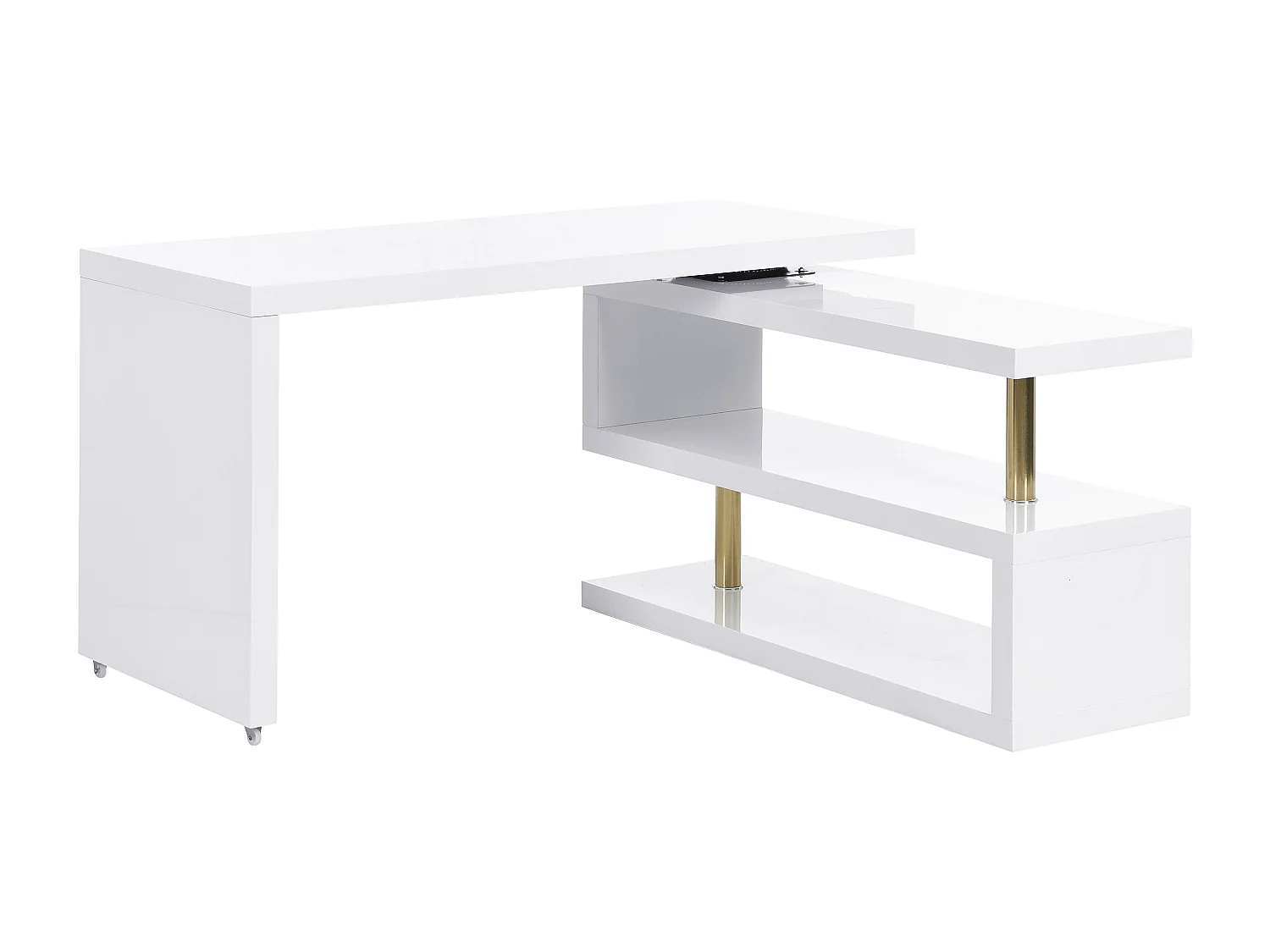 Utdragbart skrivbord med 360° svängbart bord - lackerad MDF - Vit och guld - NICEPHORE II