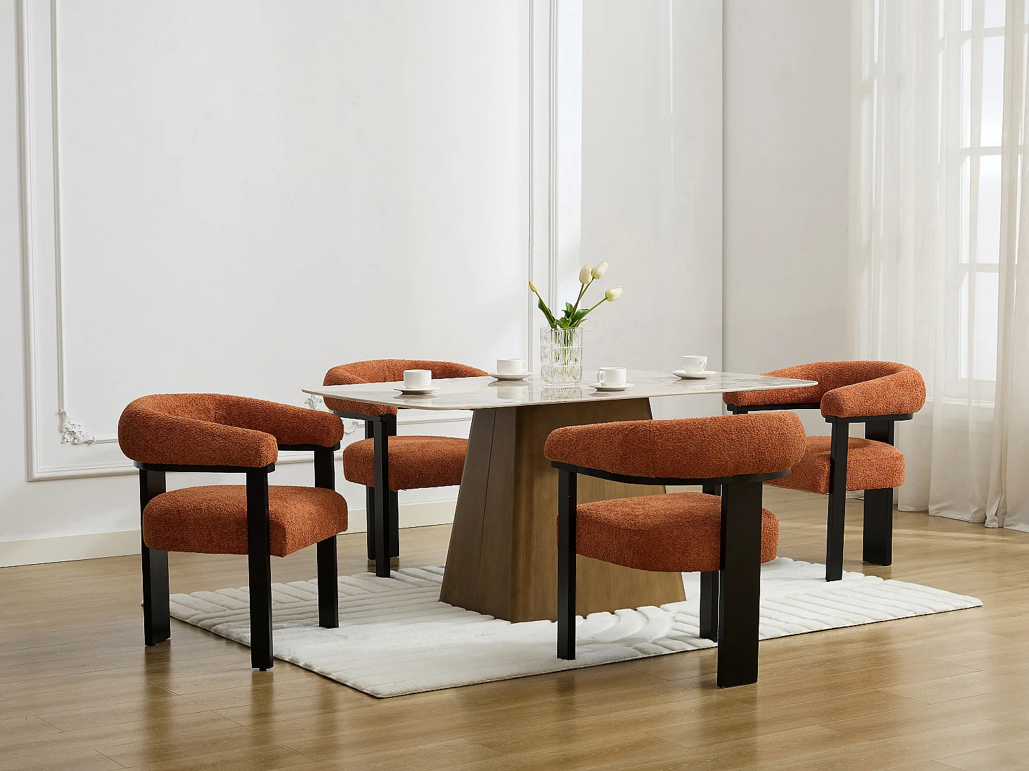 Chaise avec accoudoirs en tissu bouclette et bois d'hévéa noir - Terracotta - LIVELIA de Pascal MORABITO