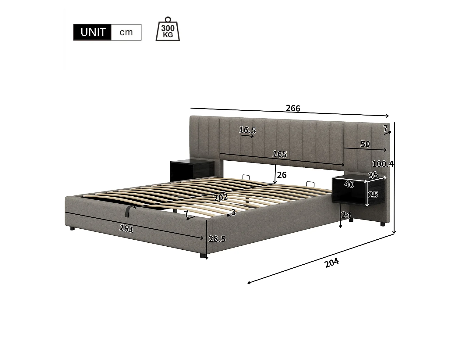 Lit coffre 180x200cm en tissu lin - avec 2 tables de chavet et sommier à lattes - Gris