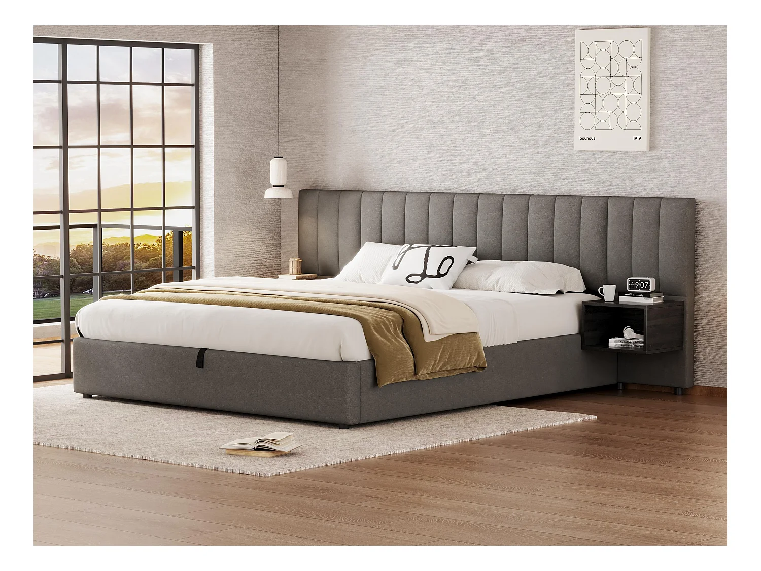 Lit coffre 180x200cm en tissu lin - avec 2 tables de chavet et sommier à lattes - Gris