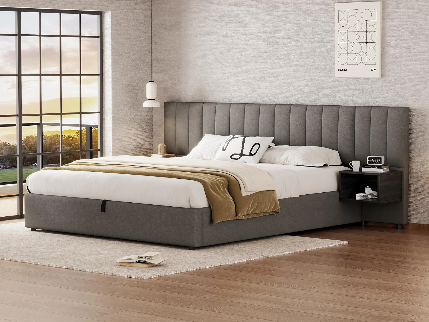 Lit coffre 180x200cm en tissu lin - avec 2 tables de chavet et sommier à lattes - Gris