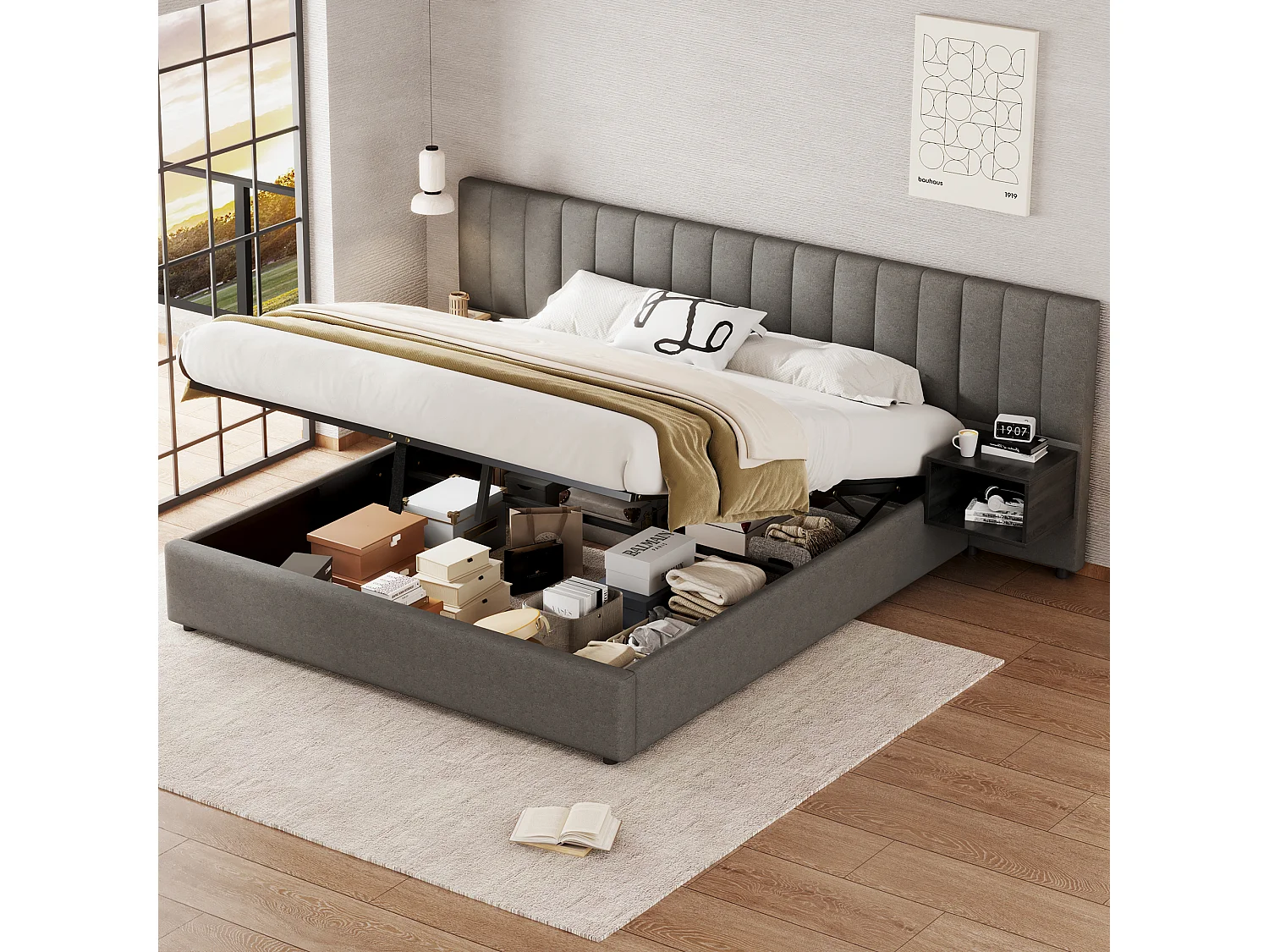 Lit coffre 180x200cm en tissu lin - avec 2 tables de chavet et sommier à lattes - Gris