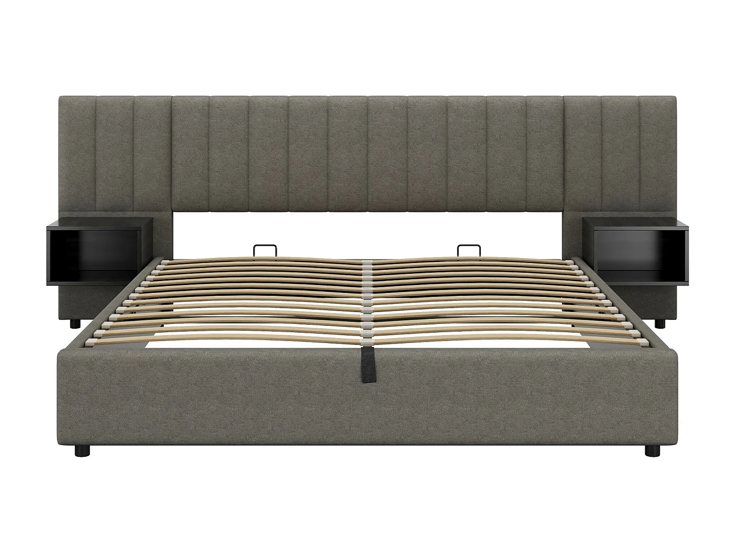 Lit coffre 180x200cm en tissu lin - avec 2 tables de chavet et sommier à lattes - Gris