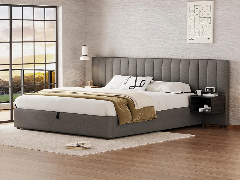 Lit coffre 180x200cm en tissu lin - avec 2 tables de chavet et sommier à lattes - Gris