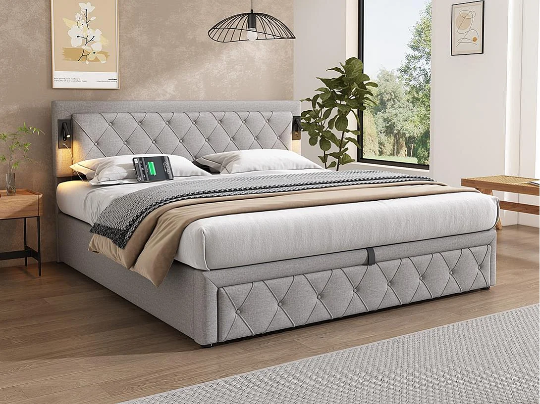 Cama de arrumação 180x200cm em tecido de linho - com luz de leitura e tomada USB - com base de ripas - Cinzento