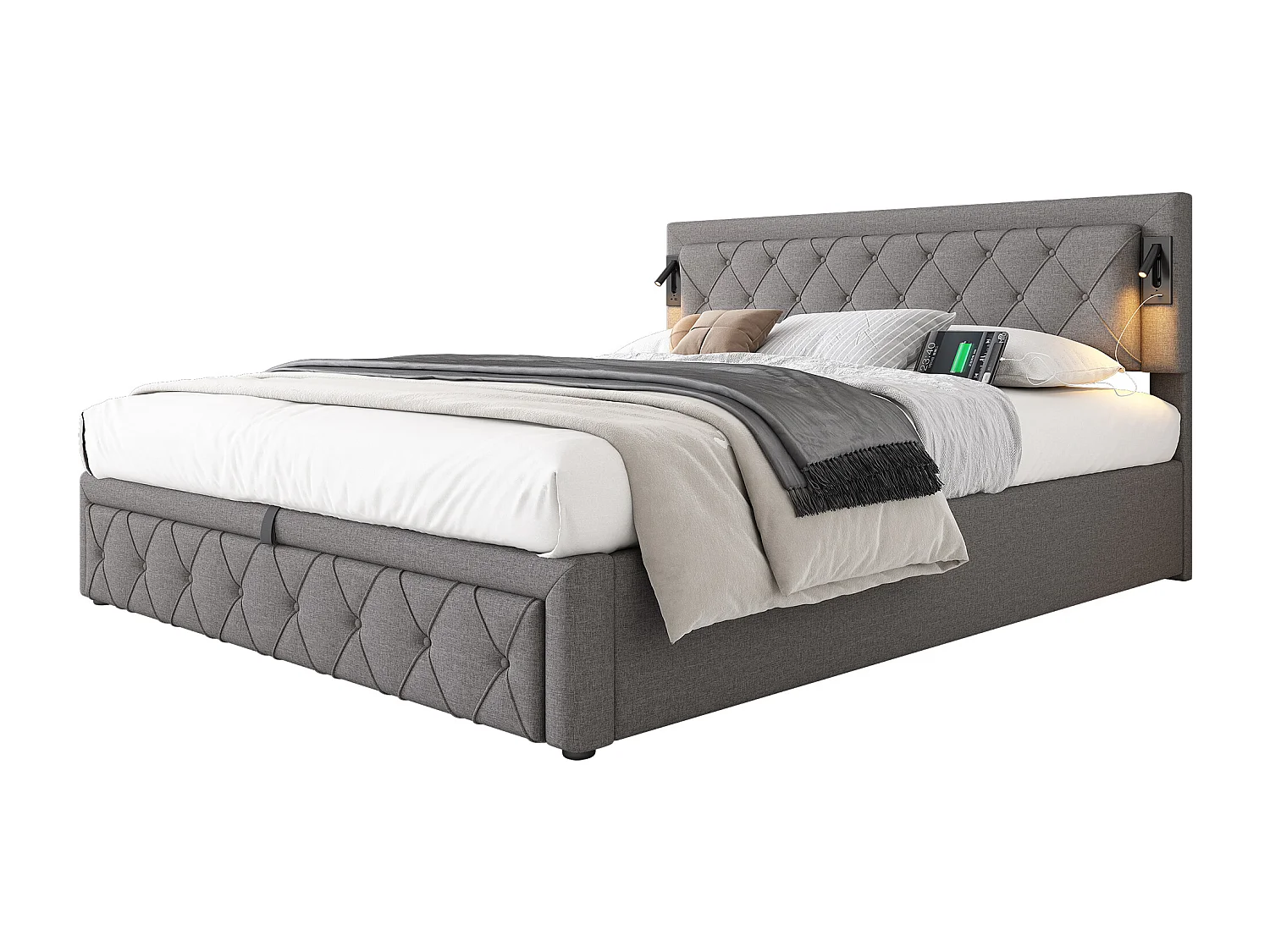 Cama de arrumação 180x200cm em tecido de linho - com luz de leitura e tomada USB - com base de ripas - Cinzento