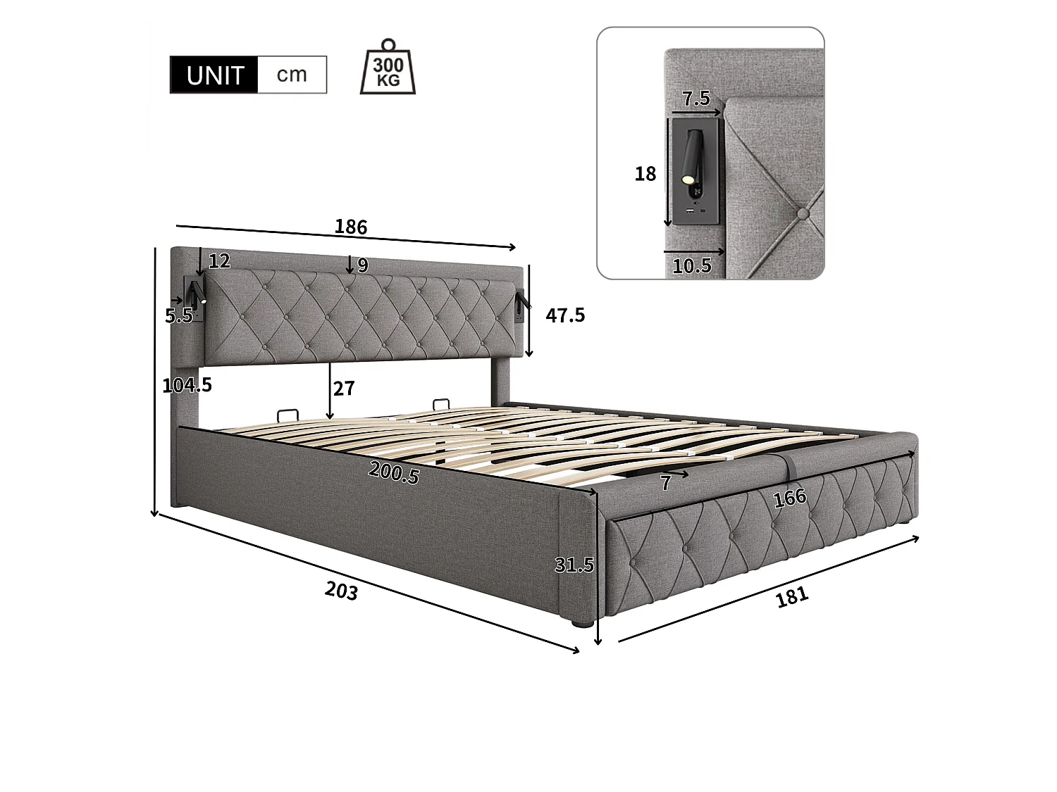Cama de arrumação 180x200cm em tecido de linho - com luz de leitura e tomada USB - com base de ripas - Cinzento