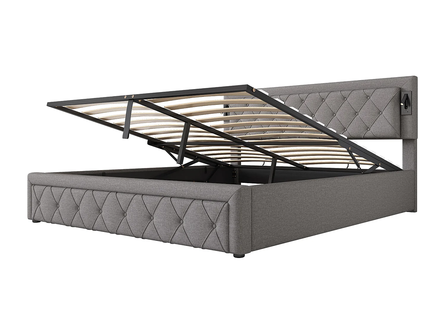 Cama de arrumação 180x200cm em tecido de linho - com luz de leitura e tomada USB - com base de ripas - Cinzento