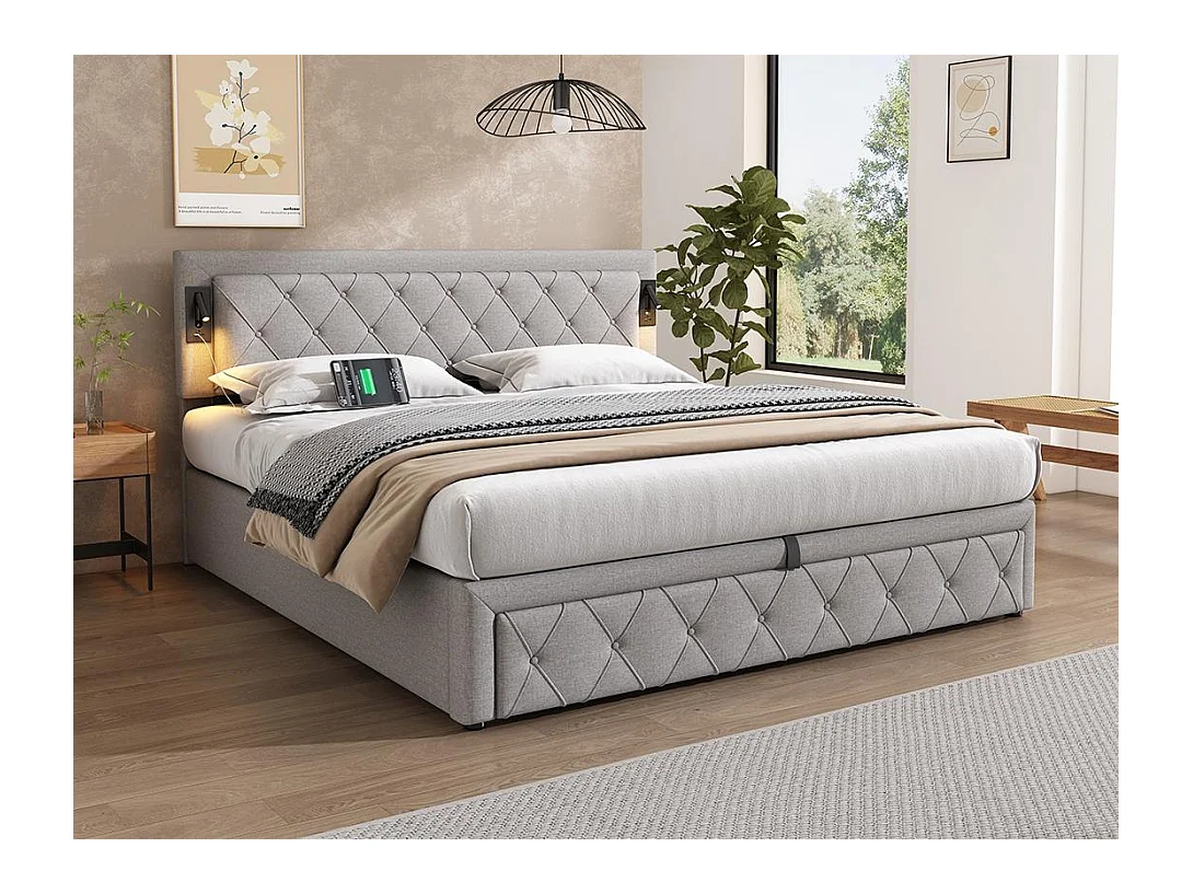 Lit coffre 180x200cm en tissu lin - avec liseuse et prise USB - avec sommier à lattes - Gris