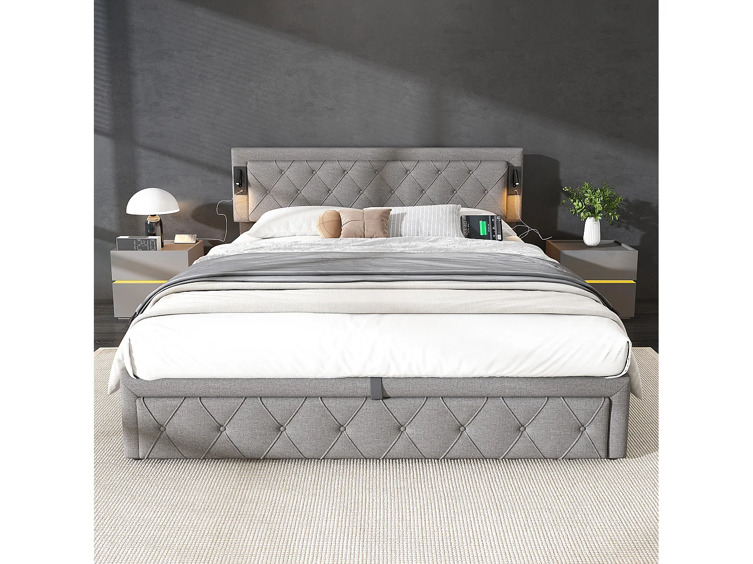 Lit coffre 180x200cm en tissu lin - avec liseuse et prise USB - avec sommier à lattes - Gris