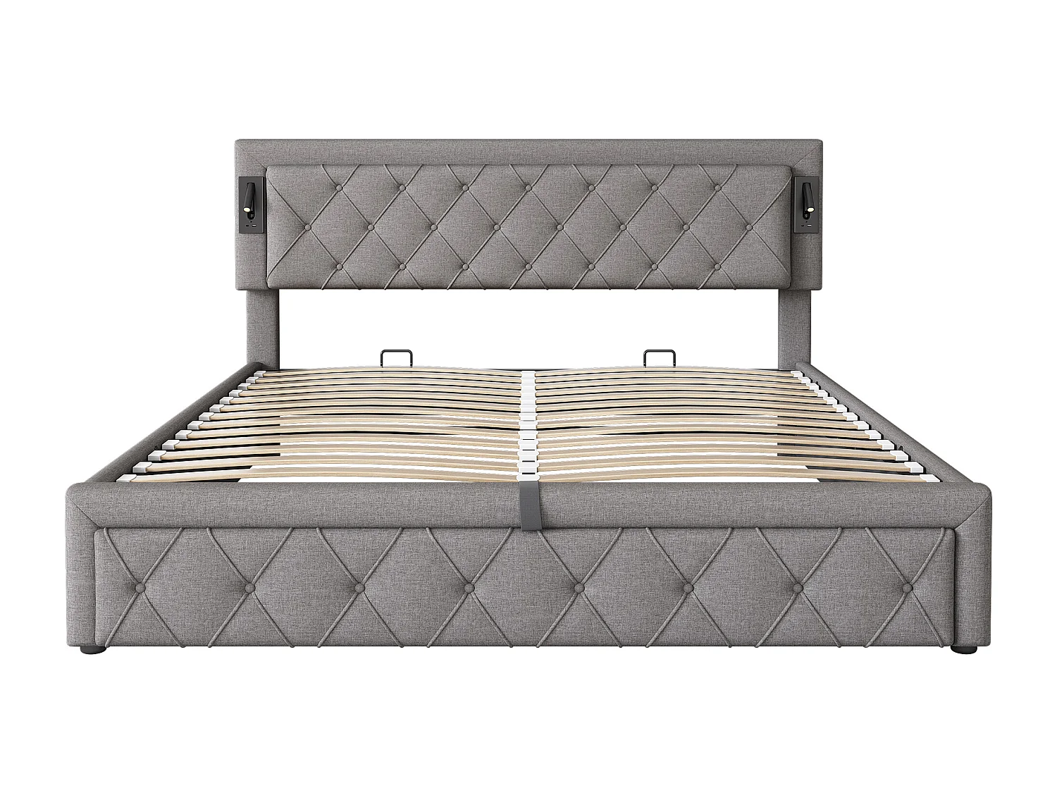 Lit coffre 180x200cm en tissu lin - avec liseuse et prise USB - avec sommier à lattes - Gris