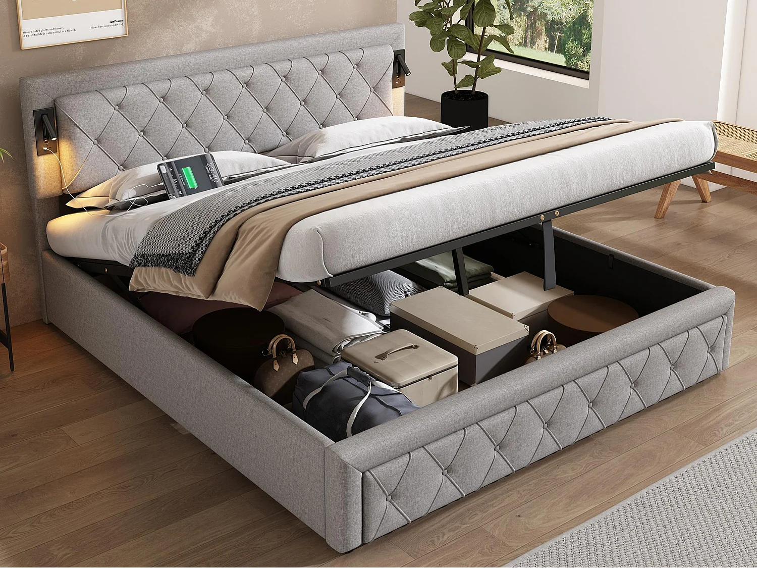 Lit coffre 180x200cm en tissu lin - avec liseuse et prise USB - avec sommier à lattes - Gris