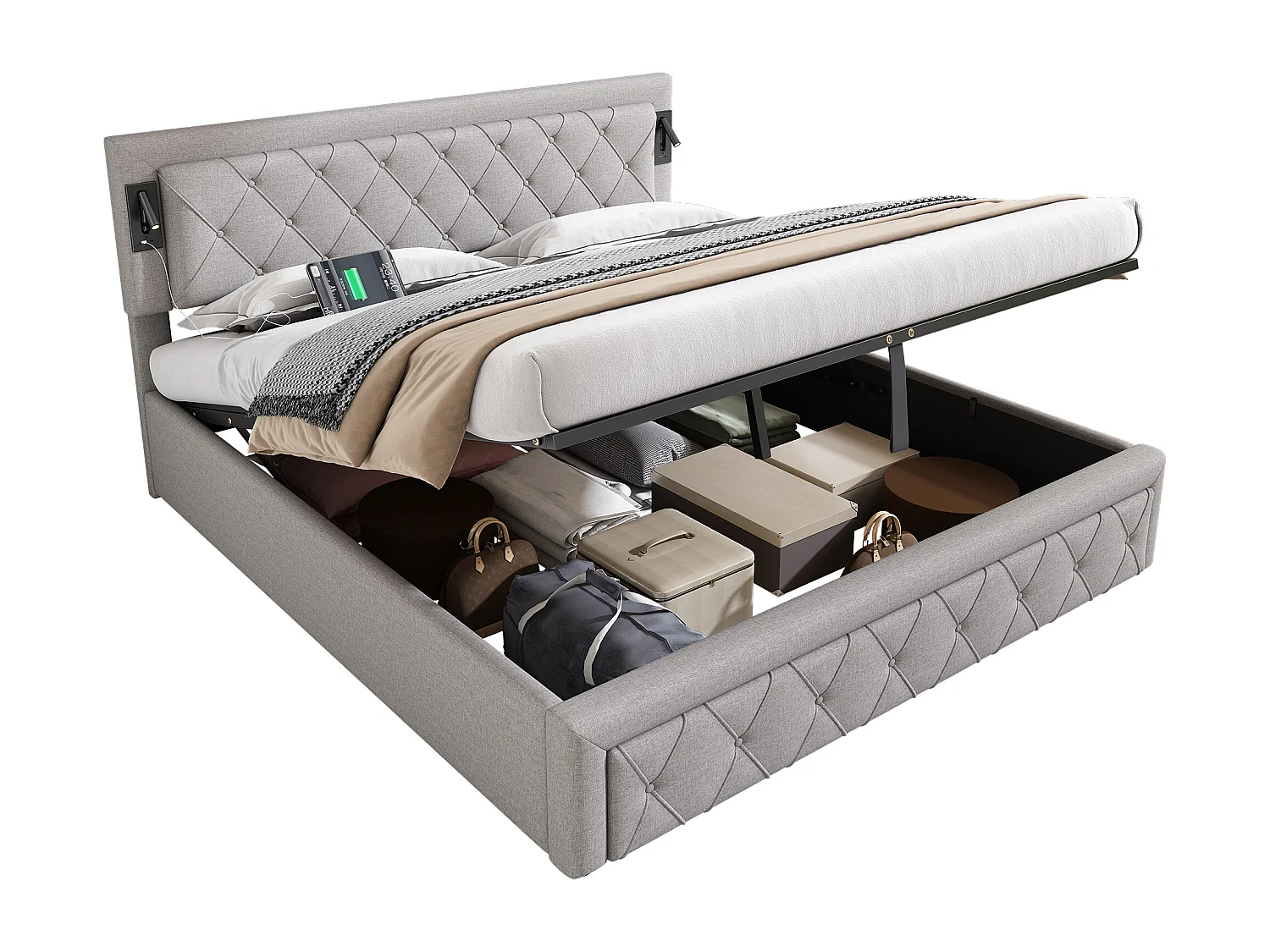 Lit coffre 180x200cm en tissu lin - avec liseuse et prise USB - avec sommier à lattes - Gris